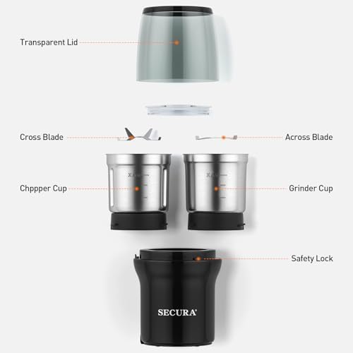 Secura Electric Coffee and Spice Grinder, 2 Removable Bowls, Black