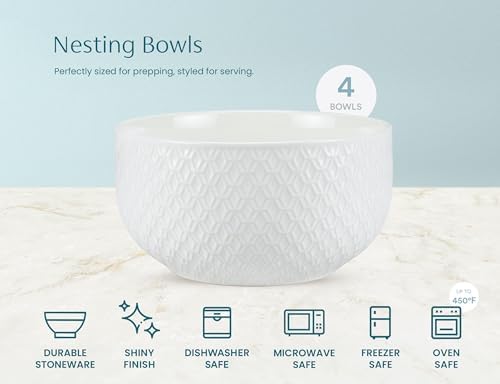KooK Ceramic Nesting Bowls, Embossed, Oven Safe, Set of 4, Marshmallow