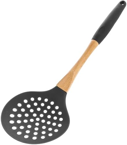Beille 1pc Grey Nylon Skimmer Spoon with Soft Grip Ergonomic Wooden Handle Kitchen Utensils, 13 Inch