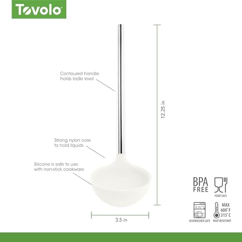 Tovolo Silicone Ladle With Stainless Steel Handle Deep Soup Ladle for Cooking Canning Serving Soup Punch Stew Sauce, Large Kitchen Utensil Spoon Dishwasher Safe BPA Free Silicone White