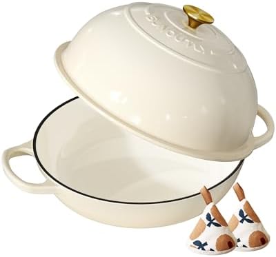 Enameled Cast Iron Bread Oven, 6QT Cast Iron Dutch Oven for Homemade Sourdough Bread Baking, Round Bread Pot with Dome Lid & Cotton Potholders, Cream White