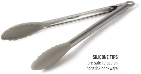Calphalon Edge Kitchen Tongs, Stainless Steel Locking Tongs with Heat-Resistant Silicone Heads, Nonstick-Safe Cooking Tongs for Grilling, Serving & Food Prep, Taupe
