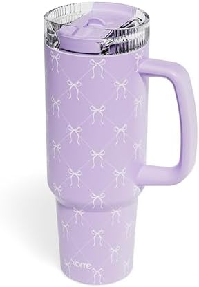 YOME DetaClean 40oz Elegant Purple Bow Tumbler with Handle and Flip Straw for Women | 100% Disassemblable Lid | Stainless Steel Insulated Water Bottle | 100% Leak Proof | Keeps Drinks Cold