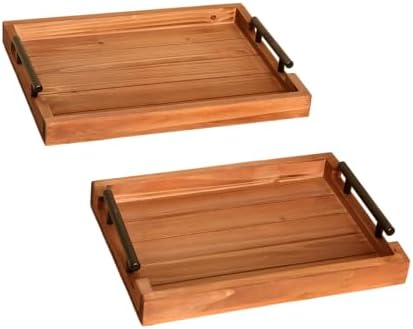 2Pc Nested Vintage Wooden Serving Tray Set, Coffee Table Ottoman Decor
