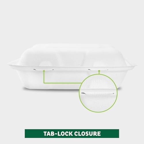 Freshware Clamshell Food Containers with Lids [9x9" 100-Pack] Disposable To Go Containers, Biodegradable Sugarcane To Go Boxes - Paper Food Container - Microwave & Freezer Safe, Stackable