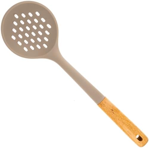 Beille 1pc Beech Wood and Silicone Skimmer Kitchen Utensils Cooking Baking Supplies Home Essentials, Light Grey