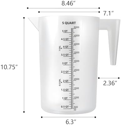 1 Gallon / 5 Quart / 5000 ml Large Plastic Measuring Pitcher with Handle, Clear Heavy Duty Mixing Pitcher with mL/QT/GAL Markings for Garden, Pool Chemicals, Motor Oil & Kitchen
