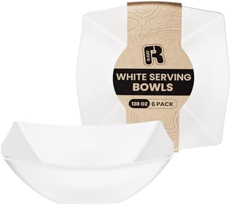 R-kay 6 Pack Square Extra Large Plastic White Serving Bowls -128 Oz White Plastic bowls - Salad Bowls Large Serving, Premium Heavy Duty For Weddings Catering And Birthday parties