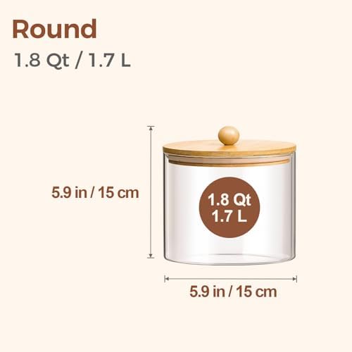 ComSaf Glass Storage Jars with Bamboo Lids 1.8 Qt 2 Pack Large Round