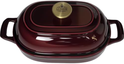 La Cuisine Enameled Cast Iron Bread Loaf Dutch Oven Oblong for Sourdough Crusty Bread & High‑Heat Baking. Oven-Safe 550°F/287°C Matte Black Enamel Interior, 5.5 QT, Cranberry