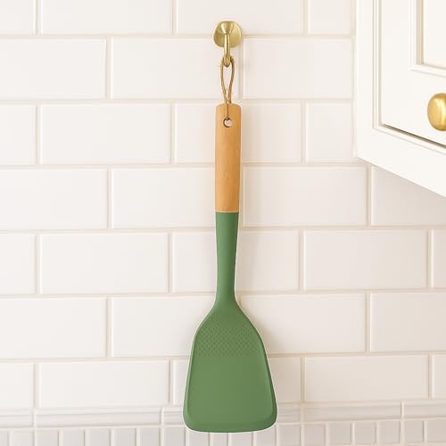 Beille 1pc Solid Spatula Beech Wood and Silicone Kitchen Utensils Meal Prep Cooking Baking Supplies Home Essentials, Olive Green