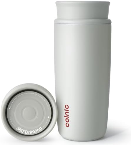 Travel Coffee Mug with 360°Lid, 12 oz Coffee Tumbler Insulated Travel Mugs for Hot and Cold, Vacuum Insulated Stainless Steel Coffee Cup Leak Proof Spill Proof-Ivory Gray