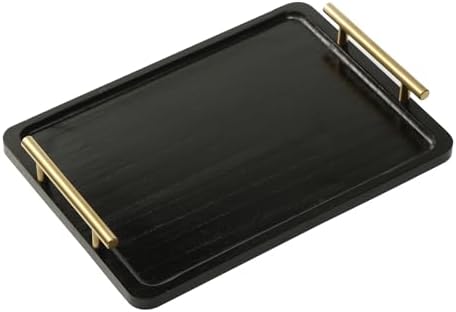 PEKER Wooden Serving Tray with Metal Handles, Black Decorative Coffee Table Tray for Breakfast in Bed, Ottoman & Home Décor, Wooden Food Tray for Kitchen, Living Room & Dining Table