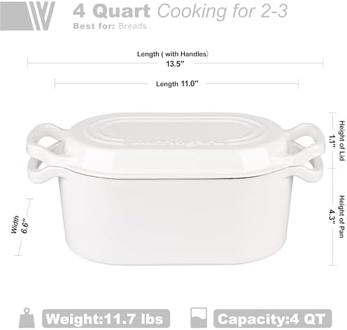 VORRINGARD Oval Dutch Oven Pot with Lid, Enamel Coating Cast Iron Bread Pans for Homemade Sourdough Bread Baking, Cooking, 4 Quart, White