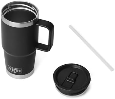 YETI Rambler 20 oz Travel Mug with Flip Straw Lid – Stainless Steel, Vacuum Insulated, Leakproof, Cup Holder Friendly, Black