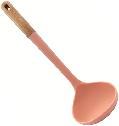 Beille 1pc Ladle Beech Wood and Silicone Kitchen Utensils Meal Prep Cooking Baking Supplies Home Essentials, Coral