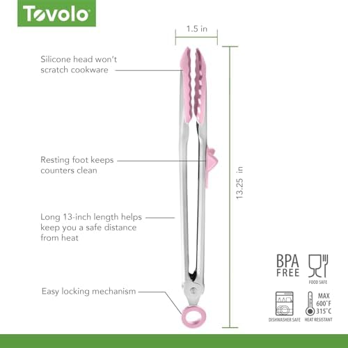 Tovolo Tongs With Silicone Tips Easy Grip 13" Long Kitchen Tongs Stainless Steel Handle For Cooking, Non Scratch Heat Resistant Locking Tongs Silicone Tipped Dishwasher Safe BPA Free, Pink Sorbet