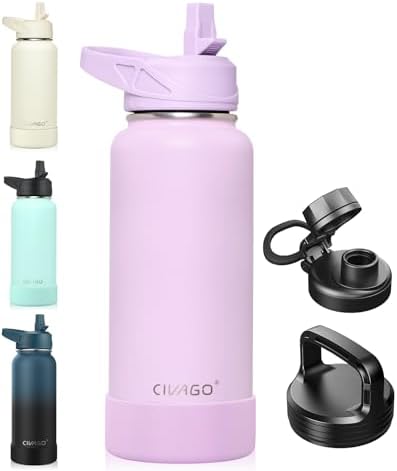 CIVAGO 32 oz Insulated Stainless Steel Water Bottle With Straw and 3 Lids