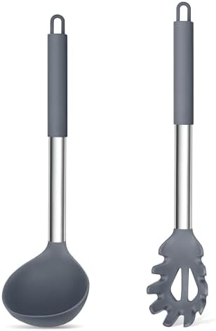 TeamFar Silicone Pasta Fork and Ladle, Nonstick Kitchen Utensils, Gray