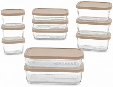 Glass Food Storage Containers with Lids - 22 Piece - 10.5 oz, 17.6 oz, 25.4 oz & 57.5 oz Sets Glass with BPA-Free Leak Resistant Stackable Lids - Microwave, Oven & Dishwasher Safe - Cashew Cream