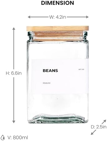 APT 1101 Glass Storage Jars with Bamboo Lid, glass canisters with airtight lids, Clear jars with lids for Spice, Cookie, Candy, Tea, Coffee Bean and Rice (White, 26 oz, Set of 6)