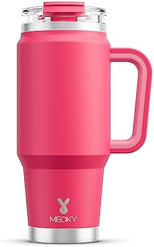 Meoky 32 oz Tumbler with Handle, Insulated Tumbler with Lid and Straw, Stainless Steel Travel Mug, Keeps Cold for 24 Hours, 100% Leak Proof, Fits in Car Cup Holder (Ruby)