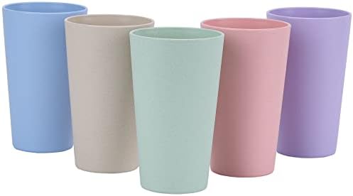 Wheat Straw Unbreakable Cup | 20 oz Reusable Water Drinking Glasses Sets of 5 | Lightweight Tumbler for Kitchen Outdoor | Dishwasher Safe, BPA Free and Eco friendly (20 oz, 5 Color_A)