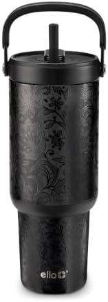 Ello Oasis Go+ 32oz Tumbler with Top Handle and Retracting Straw | Reusable Insulated Stainless Steel Cup, 100% Leakproof Water Bottle, 24 Hours Cold, Cup Holder Friendly For Travel | Black Lace