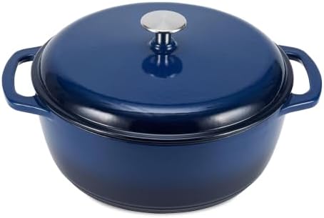 Amazon Basics Enameled Cast Iron Dutch Oven Pot with Lid, Round, Dual Handles, Heavy-Duty, Oven Safe for Stews, Roasting, Baking, 7.3-Quart, Navy