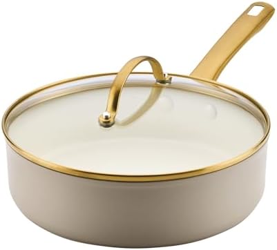 Farberware Forged Induction Ceramic Nonstick Saute Pan/Jumbo Cooker with Lid, Dishwasher Safe, Gold Color Stainless Steel Handle, 3 Quart Sauteuse Pan - Taupe