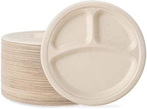 ECOLipak Compostable Disposable 3 Compartment Paper Plates, 10 inch, Nature
