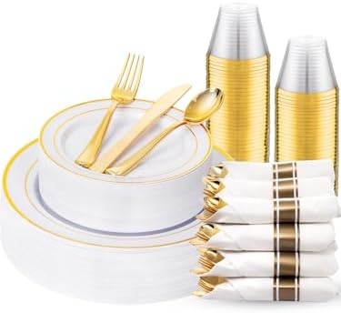 WDF Partyware 175PCS White and Gold Plastic Plates - Gold Plates with Rolled Napkins for Party - 25Guest Disposable Dinnerware Sets for Wedding/Baby Shower/Birthday
