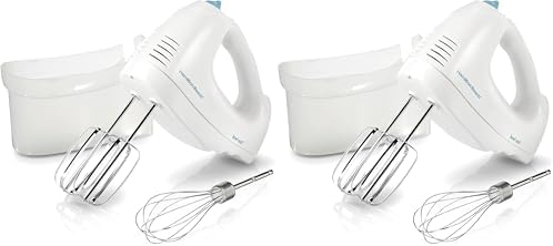Hamilton Beach 6-Speed Electric Hand Mixer with Whisk,Traditional Beaters,Snap-On Storage Case,250 Watts,White,(Pack of 2)