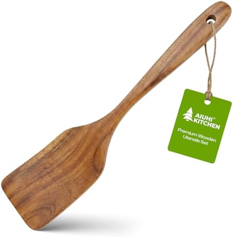 AIUHI 12.5" Teak Wood Spatula for Cooking, Non-Stick Safe Wooden Turner with Comfortable Ergonomic Handle, Easy to Clean & Long-Lasting Flat Frying Spatula, Ideal for Flipping Eggs, Pancakes & Fish