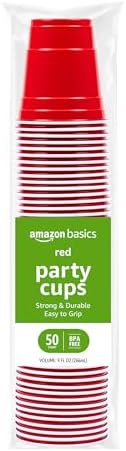 Amazon Basics Small Disposable Red Plastic Party Cups, BPA-Free, 9oz, 50 Count