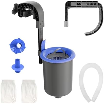 TidyMister Above Ground Pool Surface Debris Skimmer Basket with Pre‑Filter Socks for Intex Pools, Quick Set Up & Adjustable Mounting Bracket for 800+ GPH Pumps, Automatically Removes Leaves & Debris