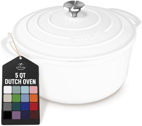 Zulay Kitchen 5 Quart Enameled Cast Iron Dutch Oven Pot with Lid – Premium Durability & Oven Safe up to 500°F – Heavy Duty Cookware Perfect for Bread Baking, Stews, Braising & Roasting – White