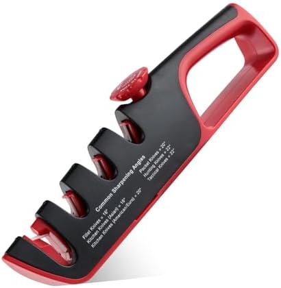 4-in-1 Manual Knife Sharpener – Best Kitchen Knife Sharpener with Tungsten Carbide & Ceramic Stones for All Knives & Scissors | Non-Slip, Adjustable Angle, Knife Sharpening Kit for Home Chefs