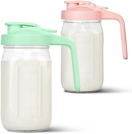 Mason Jar Pitcher, 32 oz Glass Milk Pitcher, Wide Mouth & Leakproof Glass Pitcher with Lid for milk, Sun Tea, Juice, Cold Brew Coffee and Drinks