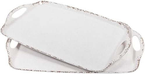 Farmhouse Melamine Serving Tray with Handles, Set of 2, 19"x12" Extra Large Rectangular Turkey Serving Platter, Serving Food Trays for Entertaining, Christmas,Thanksgiving,Party, Ivory