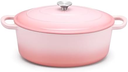 E-far 5QT Oval Dutch Oven Pot with Lid, Pink Enameled Cast Iron Dutch Oven
