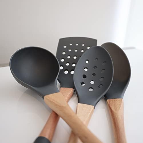 Beille Grey Nylon Slotted Spoon with Wooden Handle Kitchen Utensils High Heat Resistance, 13 Inch