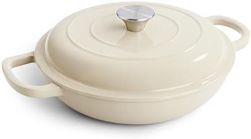 3 Quart Enameled Cast Iron Braiser, Non Stick Enameled Cast Iron Skillet with Lid, Dutch Oven Skillet with lid up to 500°F for Oven, Stove, Grill, Shallow Dutch Oven for Cook, Bake (Beige)