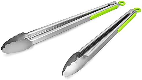 304 Stainless Steel Kitchen Cooking Tongs, 14 & 16 Inch, Set of 2, Green