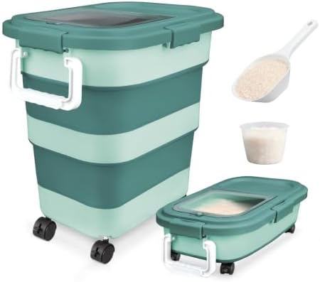 Komzon Rice Storage Container10-40 Lb, 25 Lb Pet Dog Food Storage Container, Collapsible Airtight Rice Storage Container, Rice Dispenser Bin with Cup and Scoop for Flour Cereal Pasta Grain, Cat Bird