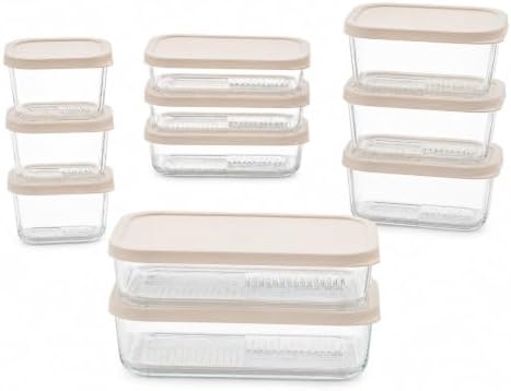 Glass Food Storage Containers with Lids - 22 Piece - 10.5 oz, 17.6 oz, 25.4 oz & 57.5 oz Sets Glass with BPA-Free Leak Resistant Stackable Lids - Microwave, Oven & Dishwasher Safe - Vanilla Mist
