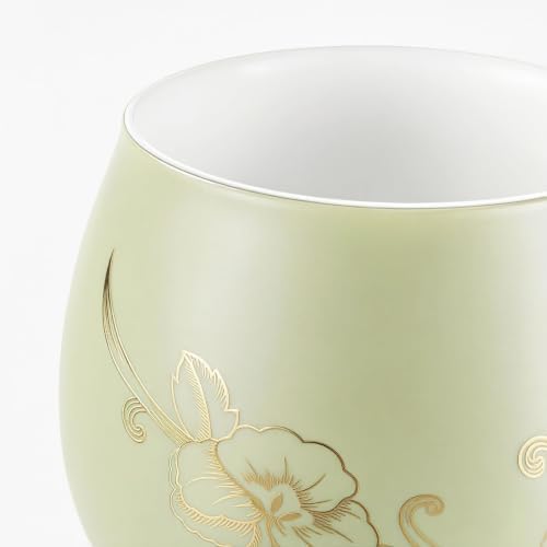 Yundu 12 OZ Ceramic Mug with Lid & Tea Strainer - Matte Light Green Tea Cup with Golden Flower, Stainless Steel Infuser for Loose Leaf Tea