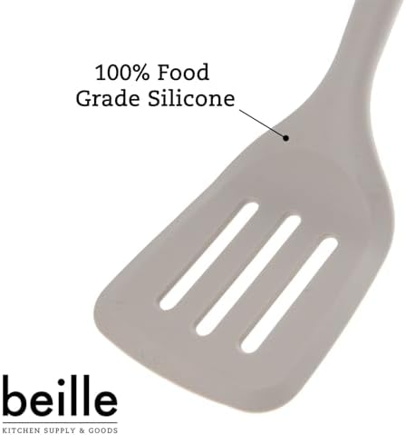 Beille 1pc Beech Wood and Silicone Slotted Spatula Solid Kitchen Utensils Cooking Baking Supplies Home Essentials, Light Grey