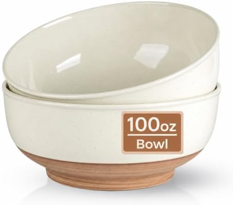 AmorArc 9.8’’ Ceramic Serving Bowls, 3.1 Qt Extra Large Salad Bowls Set of 2, Stoneware Oversized Bowls with Rustic Terracotta Underside for Salad, Soup and Dinner. Large Bowls for Entertaining &Gift