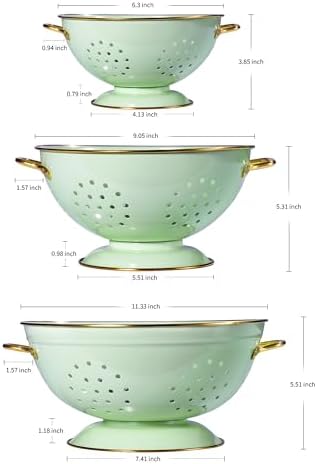 Metal Colander Set of 3, Strainer Basket with Handles perfect for Spaghetti, Pasta, Berry, Vegetable, Fruit, Solid Base Powder Coated Kitchen Essential Strainer Set, 1 & 3.5 & 5 Qt (Green)
